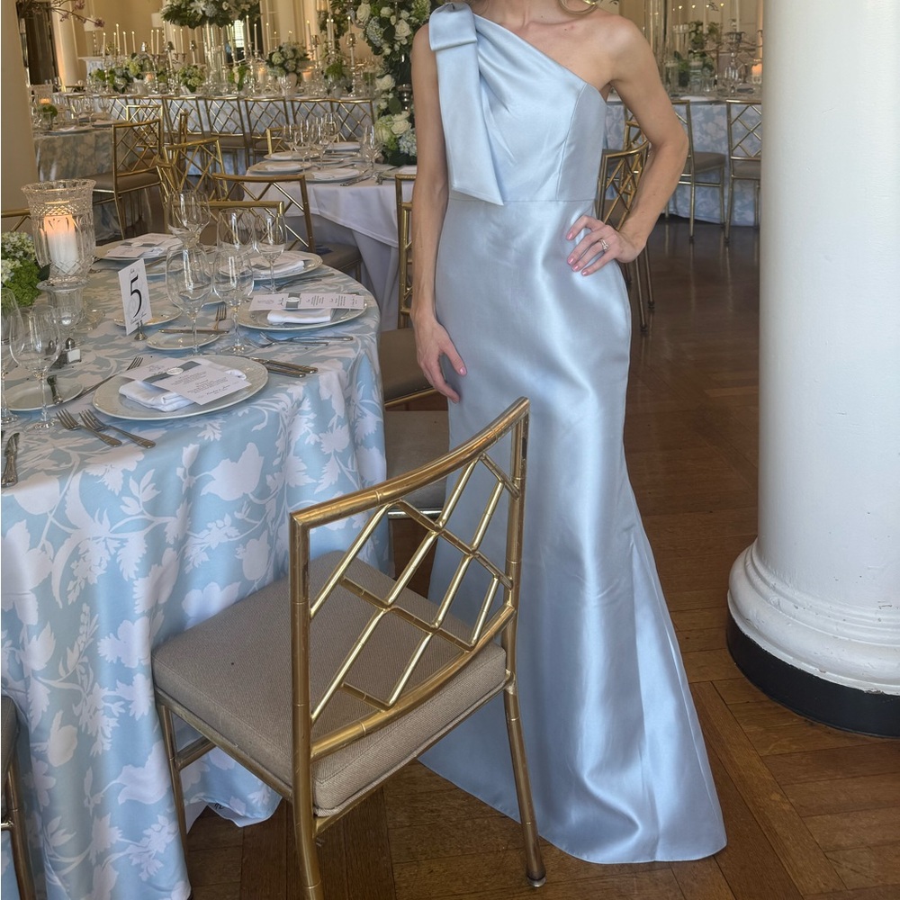 Bridesmaid Formal gown Alfred Sung bow one shoulder mist satin trumpet dress